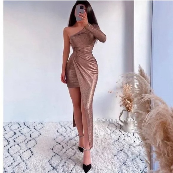 New Zara Sparkly Draped One Sleeve Asymmetric Copper Bronze Dress NWT Size M - Picture 3 of 10